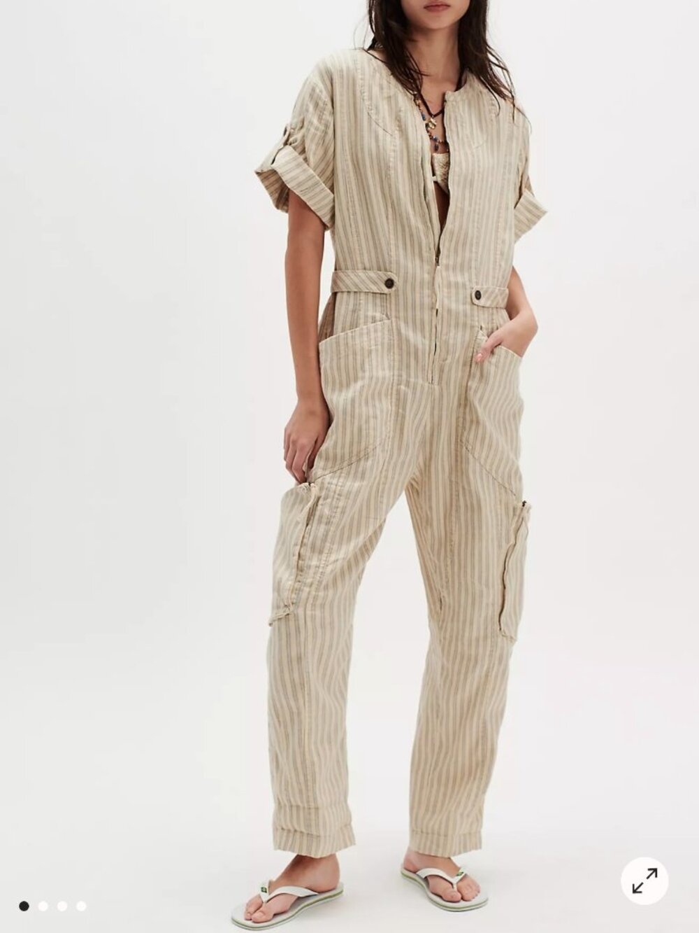 Free People Striped Beige Utility Jumpsuit